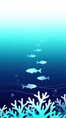 Fototapeta premium Under the Sea, School of Fish Swimming Above Light Coral in Clear, Blue Ocean Water