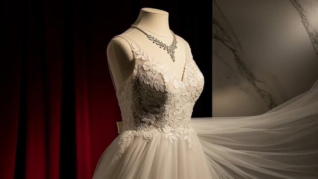 Elegant Wedding Dress Displayed with Sparkling Necklace, Luxurious Setting