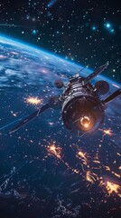 Artificial communication mechanism orbits illuminated terrestrial sphere at night
