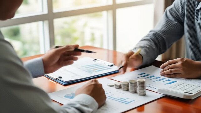 Business meeting with financial reports and growth charts, demonstrating investment and analysis