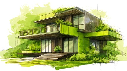 Contemporary residential structure design features sustainable green elements and expansive outdoor terraces