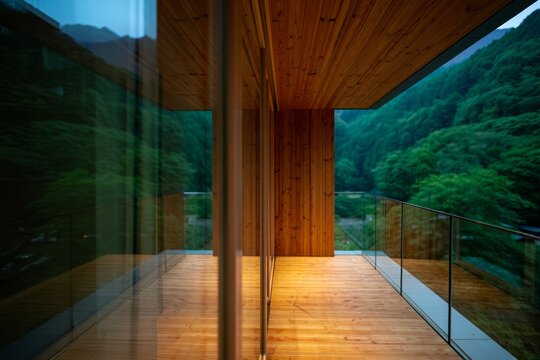 Modern wooden balcony overlooking lush green mountains, a serene escape for relaxation and contemplation surrounded by nature's beauty and peaceful vibes