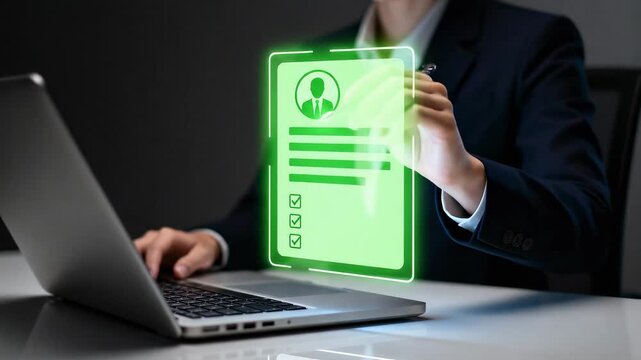 Businesswoman analyzing digital resumes on laptop screen for representing online recruitment, human resources, and candidate selection process.