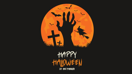 Halloween Party flyer vector illustration with scary faced pumpkins on orange background. Holiday design template with flying bats for party invitation, greeting card, banner or celebration poster.