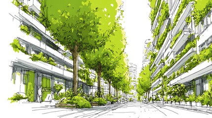 Architectural drawing illustrates modern buildings integrated with abundant green foliage and towering street trees