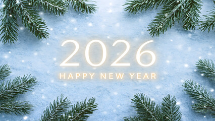 Happy new year 2026 with snowy fir branches