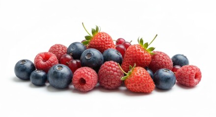 Obraz premium Pile of fresh red strawberries, raspberries, blueberries and red currants