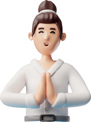 Young woman meditating with folded hand gesture 3D plastic style, vector cartoon yoga, relax, healthy lifestyle