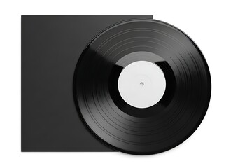 Obraz premium Close-up, top-down shot of a black LP with a white label, half out of its cardboard jacket.
