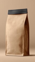 Unbranded brown paper pouch with a black resealable top stands against a neutral background