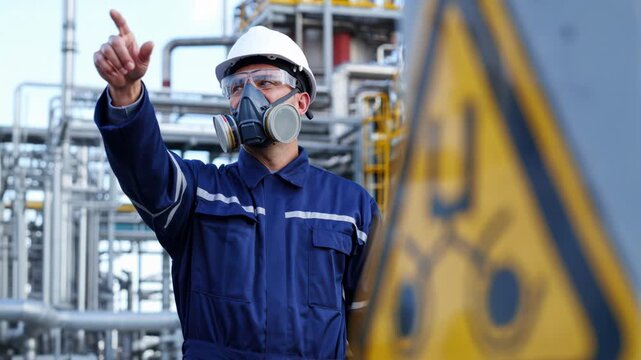 Chemical worker wearing protective mask, helmet, and safety glasses in a chemical plant with hazard warning sign for environmental protection.