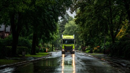 Obraz premium Commercial vehicle travels down wet, tree-lined residential street after rainfall.