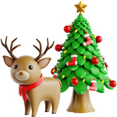Festive 3D Rendering of a Reindeer and Christmas Tree A Whimsical Holiday Illustration for Seasonal Decorations and Celebrations. Decorated Tree with Nutcracker Toy