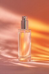 Clear glass atomizer bottle filled with light amber liquid sits against a warm gradient background