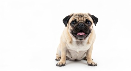 Obraz premium Portrait of a tan pug sitting and looking at the camera on white backdrop