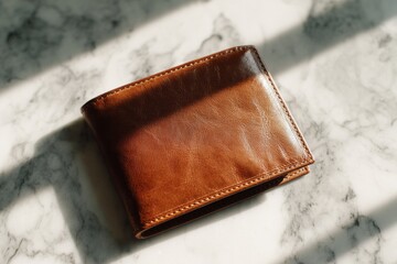 Bifold leather accessory rests upon a surface featuring white and gray veining under directional light