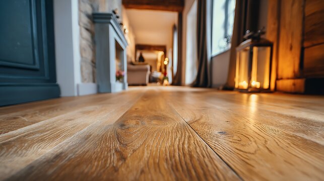 High quality image of close up of wooden floor in hallway with blurred background and decoration.