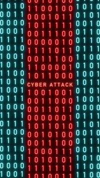 Computer hacked, red warning sign, binary code, data, signal, cyber crime. Damaged, malfunction, zero and one, problems, bit, byte, error, system failure. Vertical format, 3D animation
