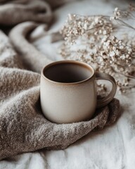 Ceramic beverage container rests upon soft, textured fabric beside dried floral accents