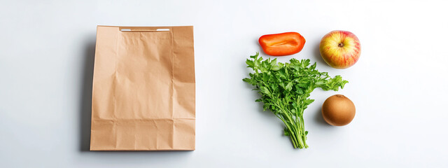 Healthy food in a paper bag isolated on white background, top view