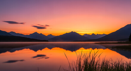 Obraz premium A breathtaking sunrise casting a warm orange and purple glow over a serene mountain lake with perfect reflections in the wilderness