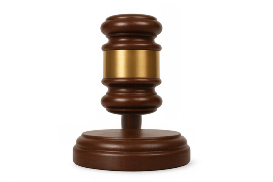 Wooden gavel with a golden band on a striped background, symbolizing justice, law, and legal authority