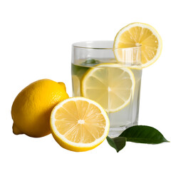 Refreshing glass of citrus lemonade with whole and halved lemons, mint leaves, and ice cubes isolated on transparent background.