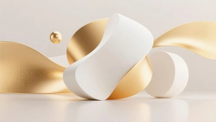 Abstract flowing forms of gold and white creates a serene, elegant, and minimalist 3D composition.