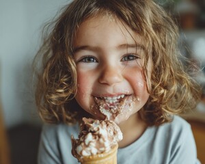 Joyful young child with curly hair happily eats a melting frozen dessert in a cone