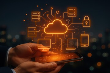Hands holding smartphone displaying futuristic holographic cloud technology interface