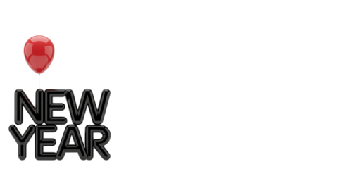 Happy new year text with red balloon isolated on transparent background for celebration