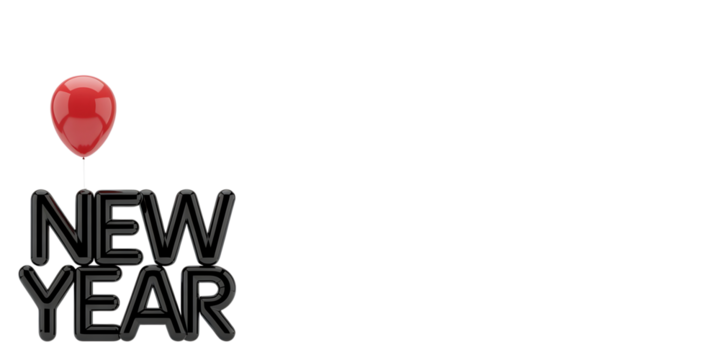 Happy new year text with red balloon isolated on transparent background for celebration