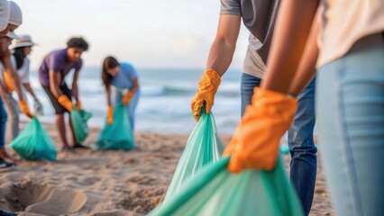 Climate change Awareness People clean up a beach, collecting trash in green bags while wearing gloves.