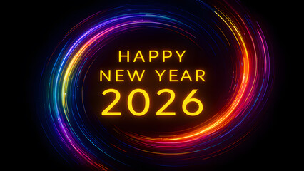 Vibrant neon swirl happy new year 2026 celebration