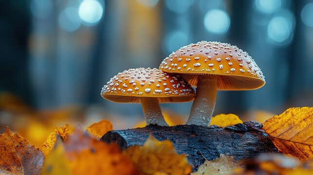 Close - up of Two Amanita Muscaria Mushrooms with Blurred Background