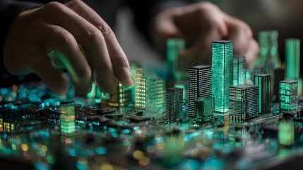 Human hands interact with a glowing miniature cityscape rising from electronic circuitry