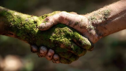 Two hands covered in moss and dirt clasp in a firm outdoor handshake