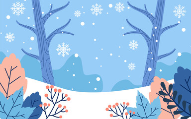 Flat Design Landscape Winter with Oak Tree In Background