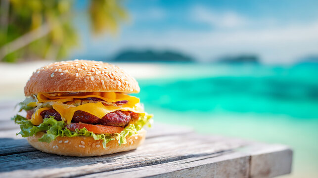 A cheeseburger with lettuce and tomato on a wooden surface in front of a tropical beach scene
