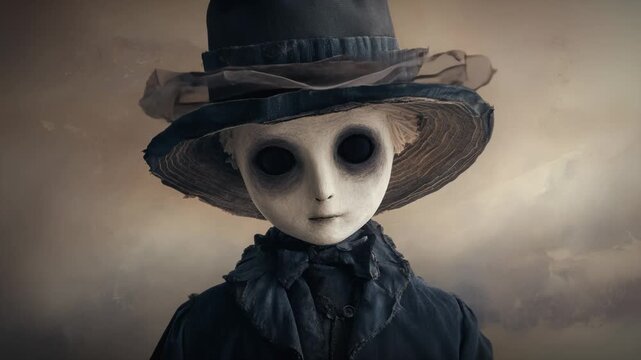 claymation and patchwork design of a supernatural Victorian doll child with shadowed pale face, dark eyes, and haunting  atmosphere.