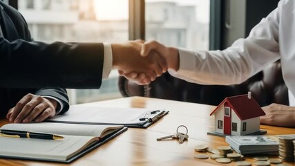 Professional individuals sealing a significant property acquisition with a firm handshake, representing a successful business agreement and investment in real estate assets