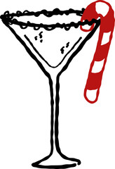 Hand Drawn Champagne, Wine Glass with Candy Cane