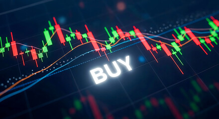 Fototapeta premium Glowing B U Y text on stock market candlestick chart