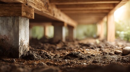 Ground level perspective shows wooden beams supported by concrete piers beneath a structure