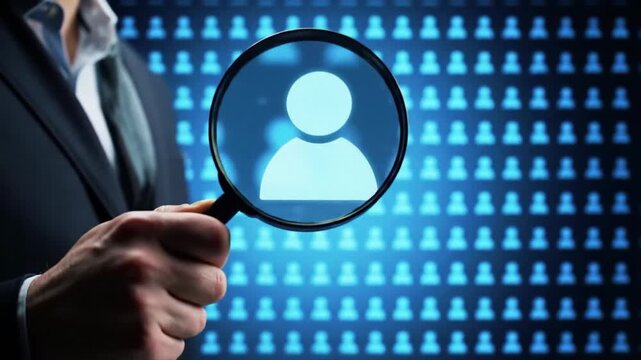 Business Person Holding Magnifying Glass with Human Icon Inside Lens, Selecting Best Job Candidate, Digital Hiring Recruitment, HR Employment Process