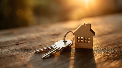 Set of metal keys with a wooden house-shaped keychain rests on an aged wooden surface during golden hour.