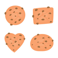 A set of chocolate cookies on a white background. Cookies of various shapes. Heart-shaped cookies.