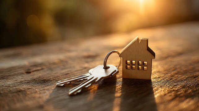 Set of metal keys with a wooden house-shaped keychain rests on an aged wooden surface during golden hour.