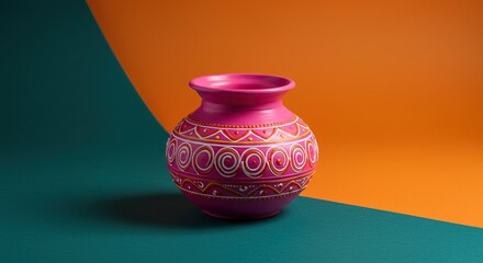 Pink painted pot with decorative design on colorful backdrop , trending, fashion, lifestyle