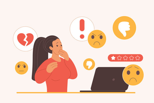 Cyber bullying, haters of blog with dislike, negative message and trolling. Tiny unhappy blogger with stress and broken heart looking at thumbs down and sad faces in SMS cartoon vector illustration